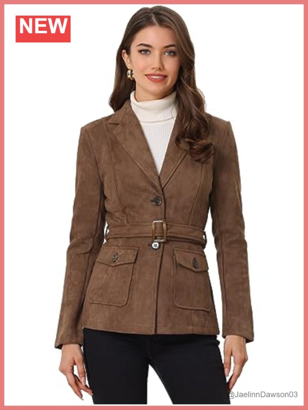 Faux Suede Blazer Belted Notch Lapel Work Suit Jacket with Pockets